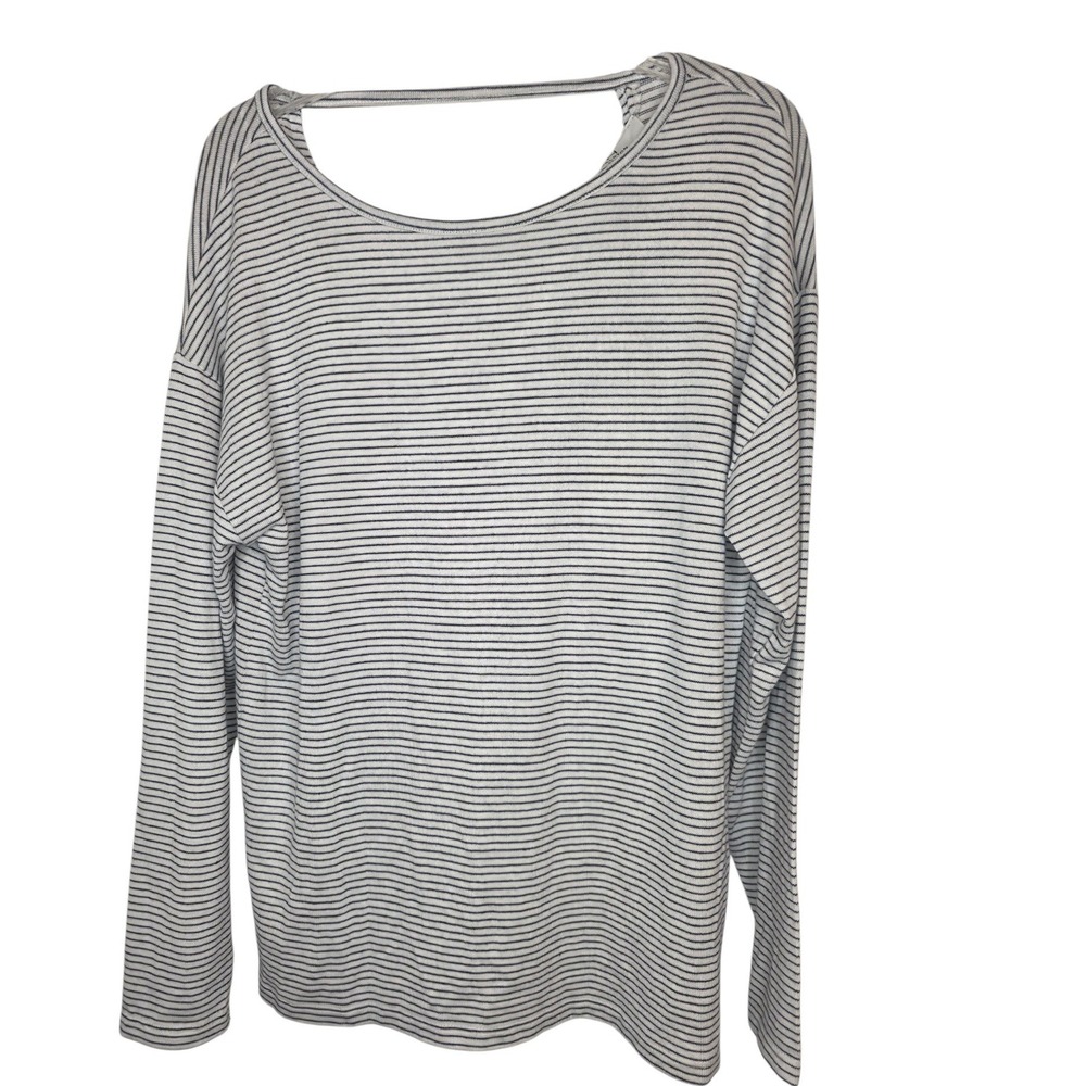 Halston Studio Chalk Navy Striped Open Back Long Sleeve Top Medium‎